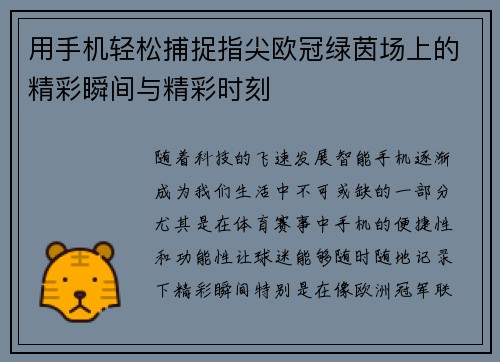 用手机轻松捕捉指尖欧冠绿茵场上的精彩瞬间与精彩时刻