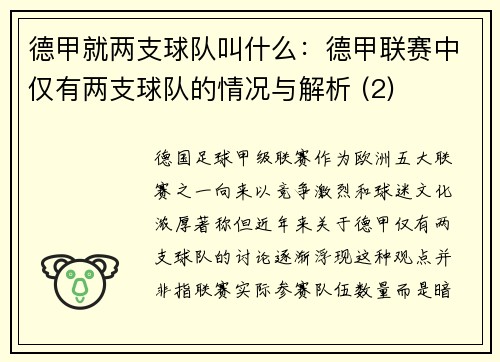 德甲就两支球队叫什么：德甲联赛中仅有两支球队的情况与解析 (2)
